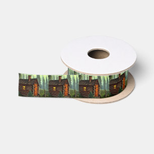 Abstract Whimsical Little Hunting Cabin Satin Ribbon