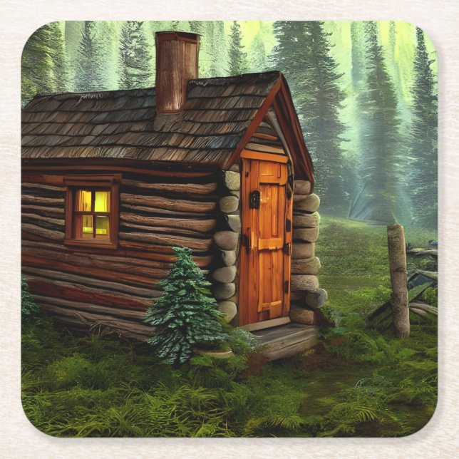 Abstract Whimsical Little Hunting Cabin Square Paper Coaster (Front)