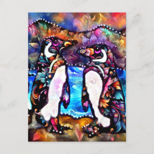 Abstract Whimsical Penguin Family Floral Colourful Postcard