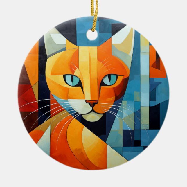 Abstract Whiskers: Orange Cat Ceramic Tree Decoration (Front)