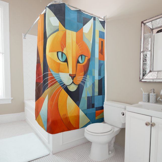 Abstract Whiskers: Orange Cat Shower Curtain (In Situ)