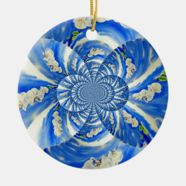 Abstract white blue floral painting ceramic tree decoration (Front)