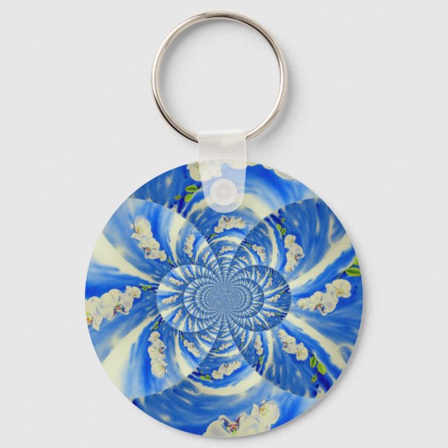 Abstract white blue floral painting key ring (Front)