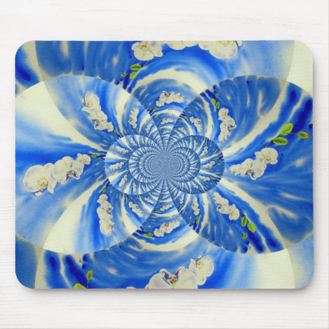 Abstract white blue floral painting mouse mat (Front)