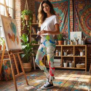 Abstract White Butterflies Colourful Paint Splatte Leggings