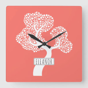 Abstract white circle tree and name living coral square wall clock