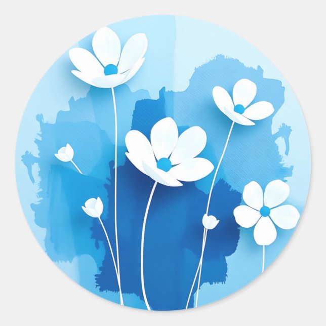 Abstract White Flowers Light Blue Background  Classic Round Sticker (Front)