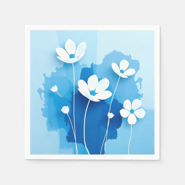 Abstract White Flowers Light Blue Background  Napkin (Front)
