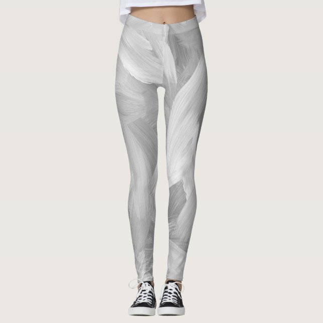 Abstract White & Grey Brushstokes Design Leggings (Front)