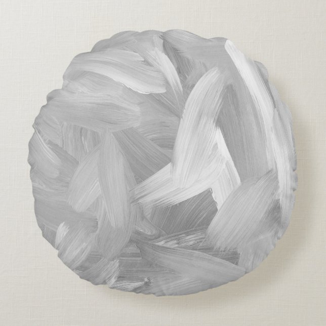 Abstract White & Grey Brushstokes Design Round Cushion (Front)
