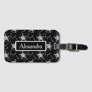 Abstract White Line Art Flowers On Black Luggage Tag