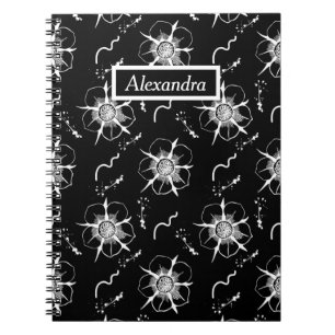 Abstract White Line Art Flowers On Black Notebook