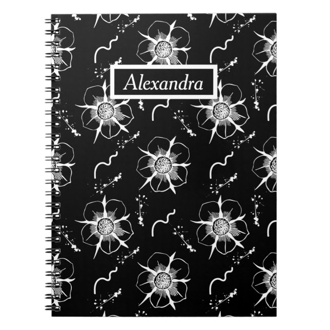 Abstract White Line Art Flowers On Black Notebook (Front)