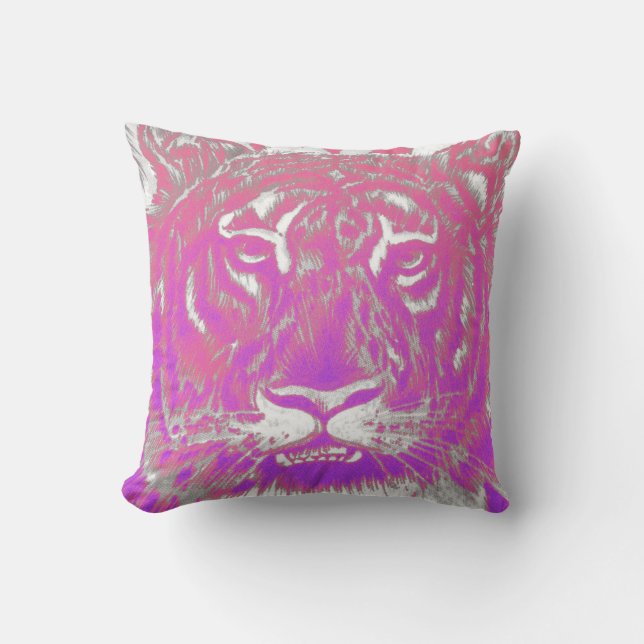 Abstract white neon pink purple ombre tiger cushion (Front)