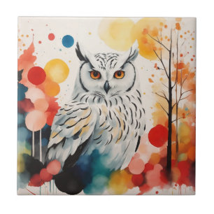 Abstract White Owl In Colourful Dreamy Forest Tile