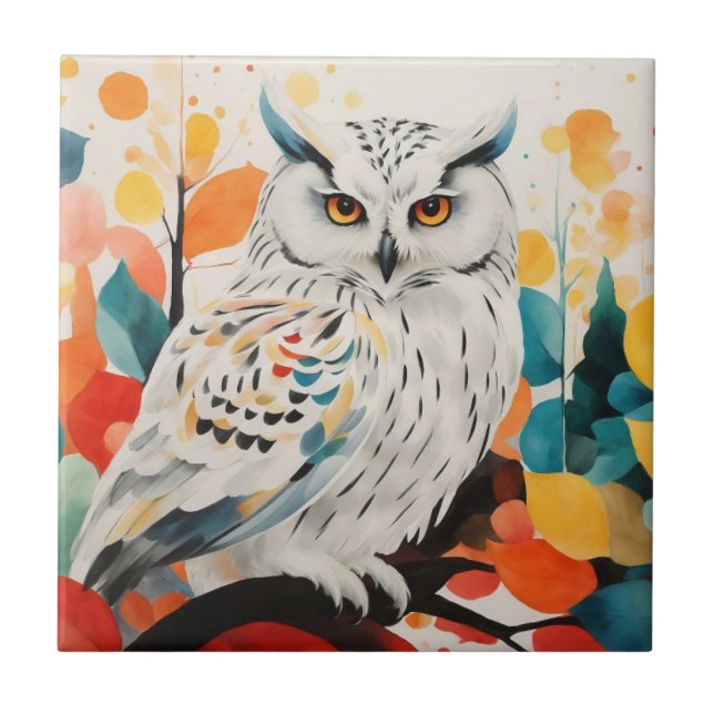 Abstract White Owl On Colourful Forest Tree Branch Tile (Front)
