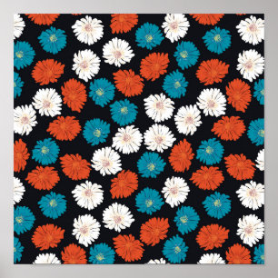 Abstract White Red and Blue Flowers Poster