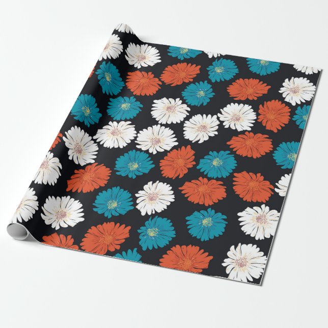 Abstract White, Red and Blue Flowers  Wrapping Paper (Unrolled)