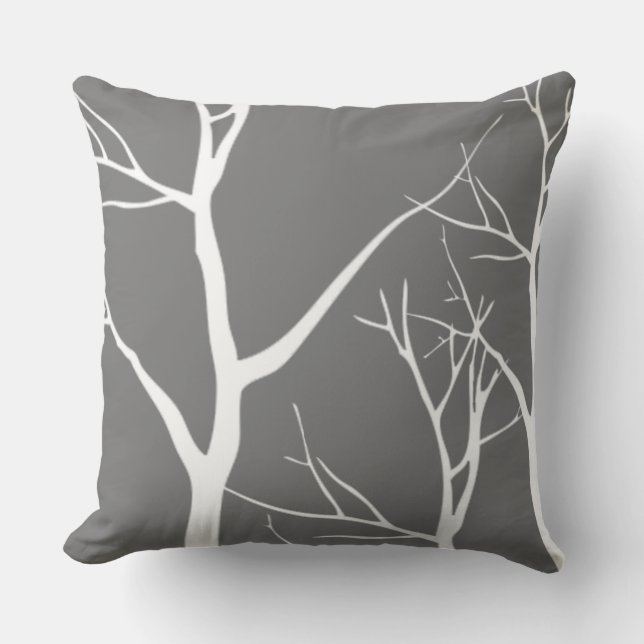 Abstract White Tree Pattern On Grey Cushion (Front)