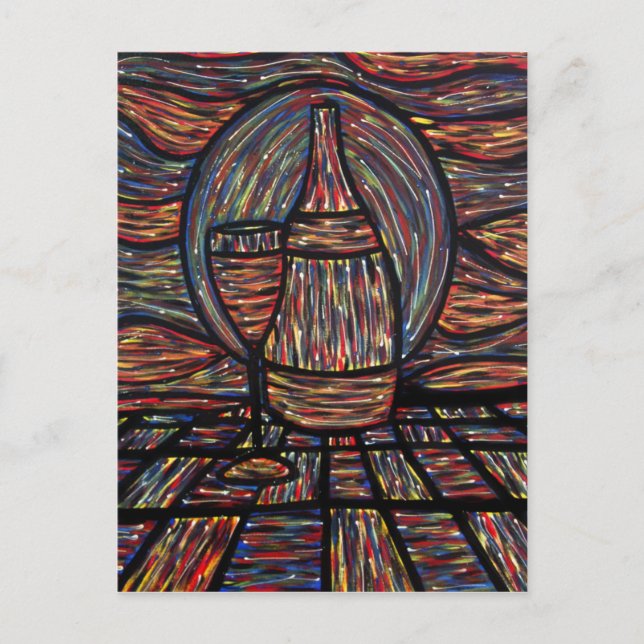 Abstract Wine Bottle & Wine Glass Art Postcard (Front)