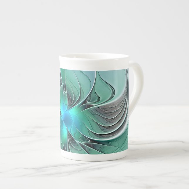 Abstract With Blue, Modern Fractal Art Bone China Mug (Front Right)