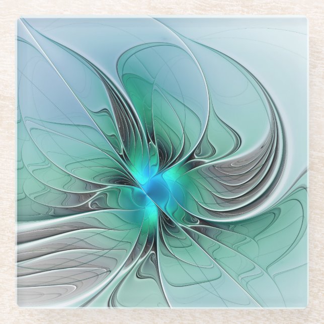 Abstract With Blue, Modern Fractal Art Glass Coaster (Front)