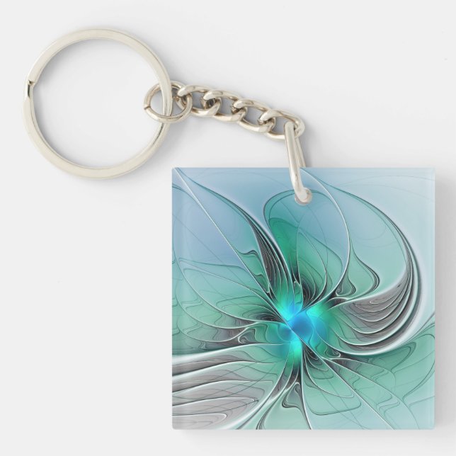 Abstract With Blue, Modern Fractal Art Key Ring (Front)