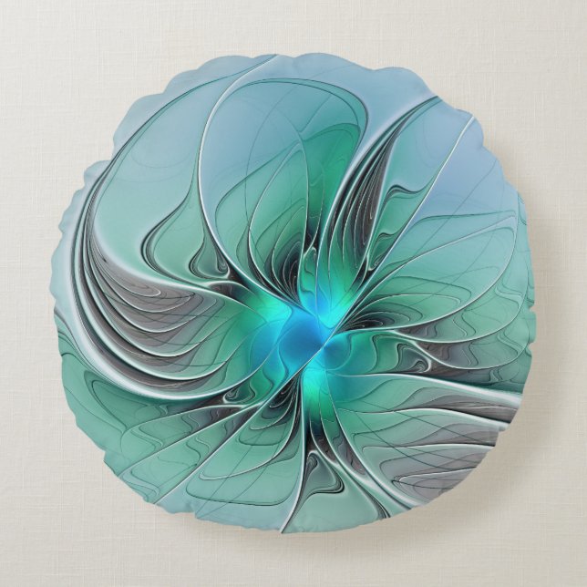 Abstract With Blue, Modern Fractal Art Round Cushion (Front)