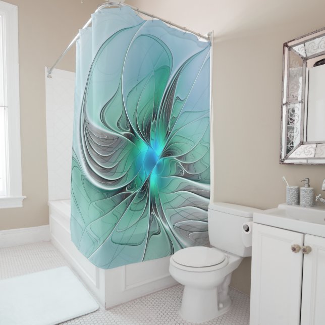 Abstract With Blue, Modern Fractal Art Shower Curtain (In Situ)