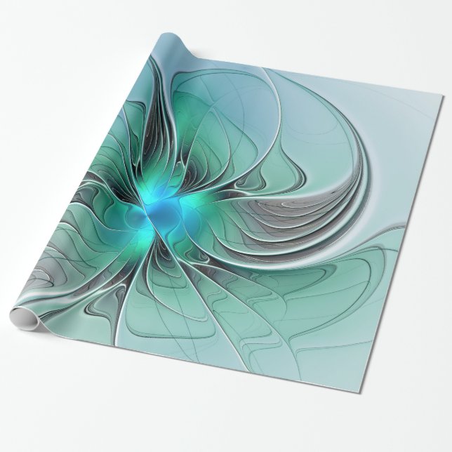 Abstract With Blue, Modern Fractal Art Wrapping Paper (Unrolled)