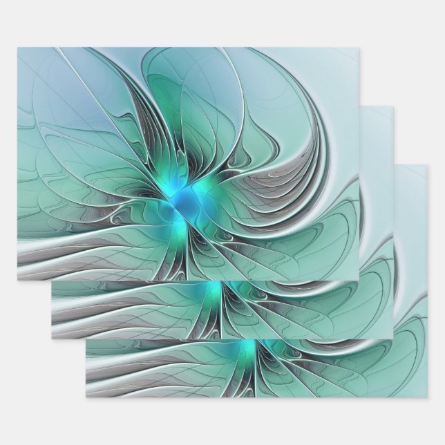 Abstract With Blue, Modern Fractal Art Wrapping Paper Sheet (Set)