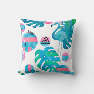 Abstract with watercolor flamingo and random eleme cushion