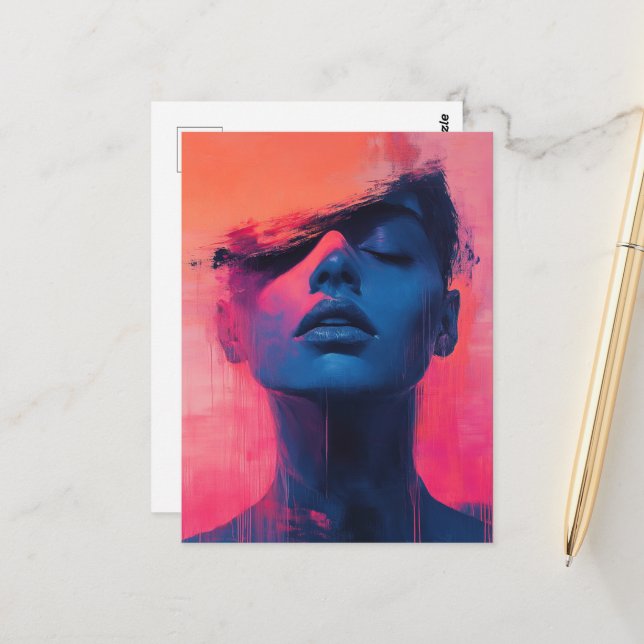Abstract Woman Blue and Pink Postcard (Front/Back In Situ)