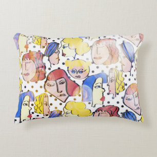 Abstract woman faces, watercolor polka dots. decorative cushion