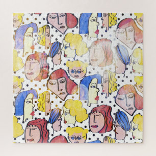 Abstract woman faces, watercolor polka dots. jigsaw puzzle