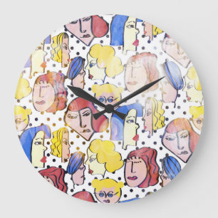 Abstract woman faces, watercolor polka dots. large clock