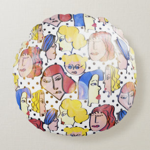Abstract woman faces, watercolor polka dots. round cushion