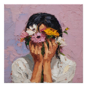 Abstract Woman Holding Blooming And Wilting Flower Poster