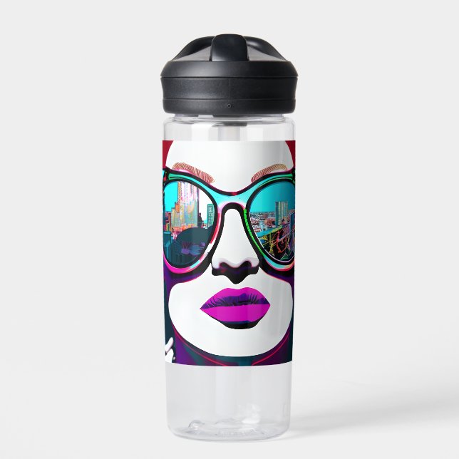 Abstract Woman in Sunglasses Personalised Water Bottle (Front)