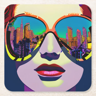 Abstract Woman in Sunglasses with City Reflection Square Paper Coaster