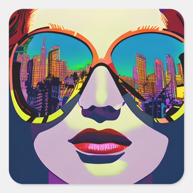 Abstract Woman in Sunglasses with City Reflection  Square Sticker (Front)
