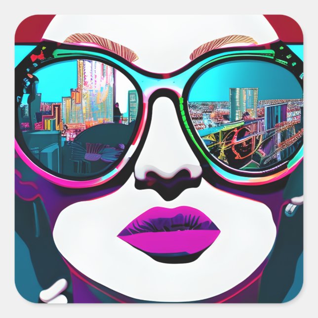 Abstract Woman in Sunglasses with City Reflection Square Sticker (Front)