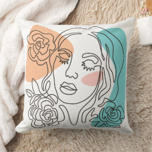 Abstract Woman Line Art Floral Portrait Cushion