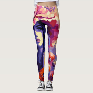 Abstract Woman Portrait & Floral Art Leggings