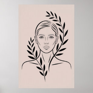 Abstract Woman Portrait with Botanical Leaf Hair Poster