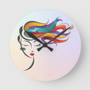 Abstract Woman with Colourful Flowing Hair Art Round Clock