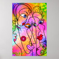 Abstract Women Face Poster Cubism Style Painting
