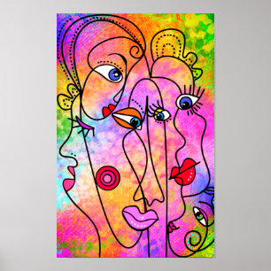 Abstract Women Face Poster Cubism Style Painting