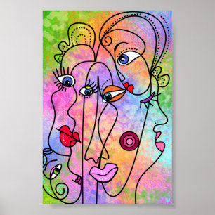 Abstract Women Faces Moods - Cubism Style Drawing Poster