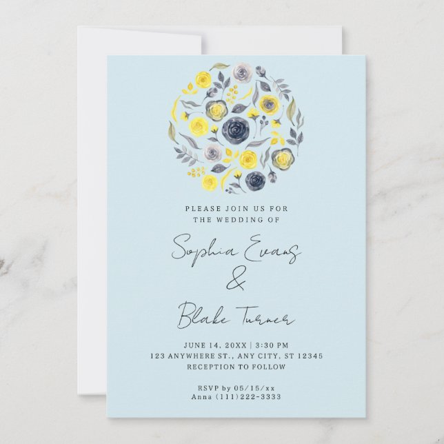 Abstract Yellow and Blue Bouquet Blue Wedding Invitation (Front)